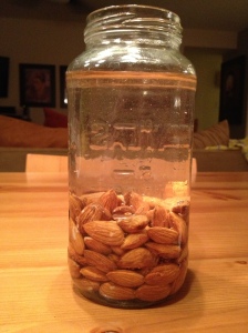 Starting the soaking process: one cup of raw almonds plus about one an a half cups of filtered water.