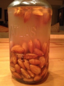 Almonds and water after about 16 hours of soaking. Eight hours is long enough, but it doesn't hurt to let them soak longer.